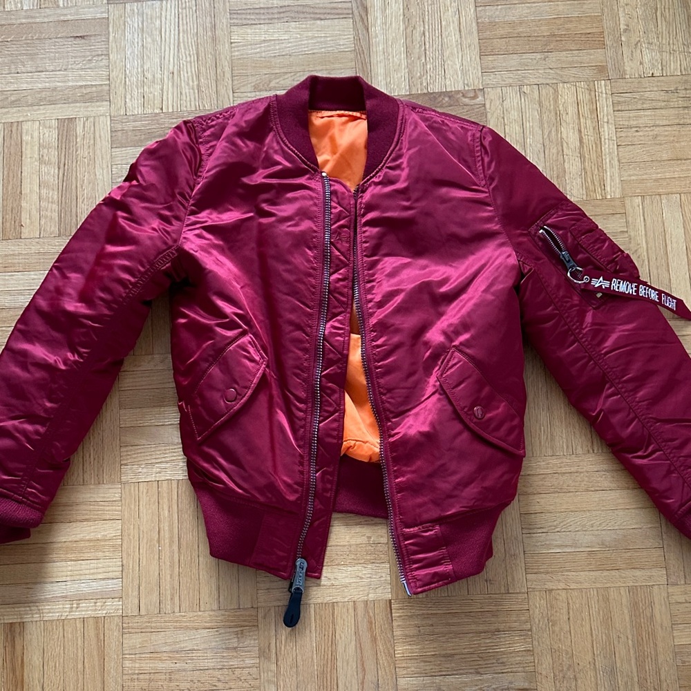 NWOT Alpha Industries Red Satin Bomber Jacket with Orange Lining